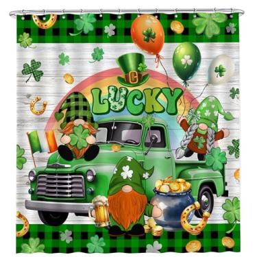 Imagem de Cortina de chuveiro do Dia de São Patrício, cortina de São Patrício para banheiro, caminhão verde de São Patrício e duende gnomos com trevo trevo cortinas de banho à prova d'água com ganchos para