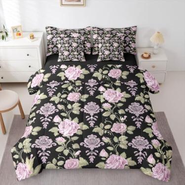 Imagem de Feelyou Conjunto de edredom de flores, tamanho Queen, preto e rosa, botânico, floral, para crianças, meninos, meninas, em uma bolsa com edredom, lençóis, fronhas, capas de almofada, decoração de