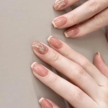 Imagem de Unhas postiças curtas médias quadradas francesas nude rosa com laço 3D simples Desien cobertura completa cola acrílica falsa em unha para mulheres, 24 peças