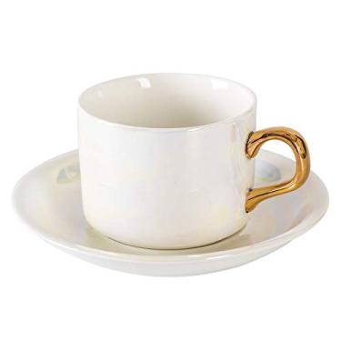 Imagem de Caneca de café branca brilhante xícaras de cappuccino com pires e colher 145 g xícara de café expresso de porcelana xícaras americanas para latte, café mocha e chá presentes xícara de café xícara de