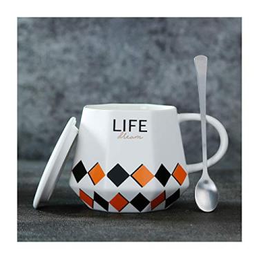 Imagem de Caneca de café de cerâmica com padrões geométricos de 400 ml com tampa e colher de prata personalidade moda escritório copo de viagem para ir para chá/leite/água para homens e Wonmen xícara de café