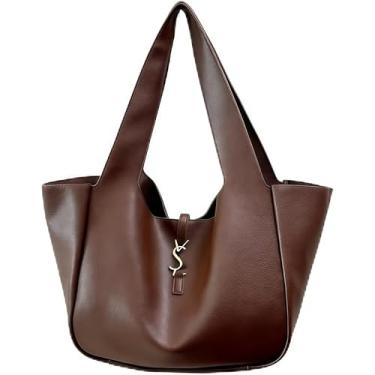 Imagem de Bolsa feminina de couro sintético marrom – Bolsa de ombro de grande capacidade com textura tecida, elegante bolsa de couro sintético de lona para trabalho, escritório, compras e uso diário