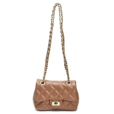 Imagem de Bolsa Cosenza Feminina Mini Bag, Couro Legítimo Matelassê, Alça Corrente (Caramelo)