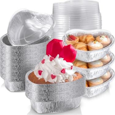 Imagem de Hushee 100 formas de bolo de dia dos namorados em forma de coração com tampas de 765 g, recipientes de alimentos de tamanho grande, folha de alumínio, embalagem de alimentos para o dia dos namorados
