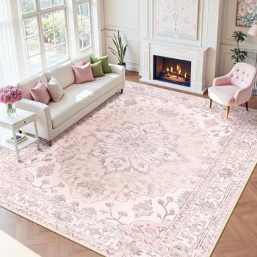 Imagem de RELEANY Tapetes de área 2,5 x 30,5 m lavável, antiderrapante, estampa floral, vintage, tapete medalhão para sala de estar, quarto, sala de jantar, rosa, cinza, rosa fofo