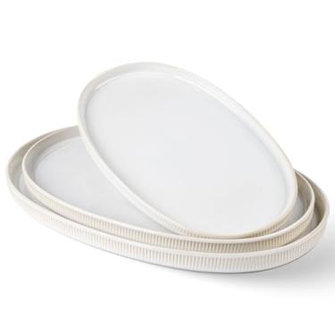Imagem de theterra Travessa oval de cerâmica, 40 cm/36,6 cm/31 cm, segura para forno, segura para micro-ondas, conjunto de 3 pratos de servir para casamento, pratos de grés para entretenimento e festa, branco