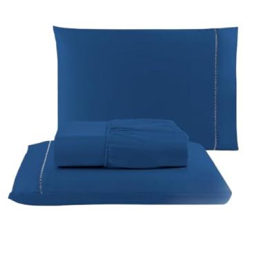 Imagem de Kit Lencol Casal Queen Extra Macio 400 Fios Micropercal Com Ponto Palito(AZUL MARINHO)