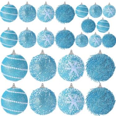 Imagem de VioraWhite 24 peças de enfeites de bola de glitter de Natal, tamanhos variados, enfeite de árvore de Natal de espuma, bolas penduradas para festas de Natal, Ano Novo, decorações de casa (azul claro)