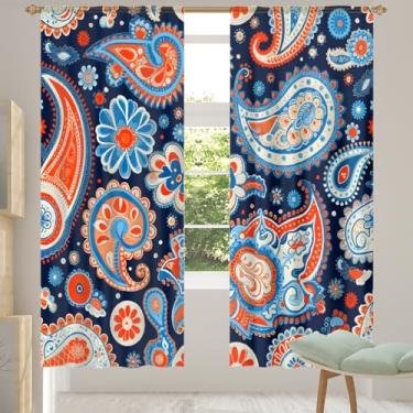 Imagem de 2 conjuntos de painéis étnicos Paisley flores coloridas cortinas transparentes arejadas com filtro leve painéis de cortina leve cortina de porta janela para sala de estar, quarto, jantar, 198 cm de