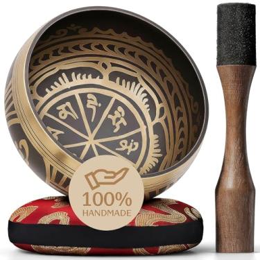 Imagem de Conjunto de tigelas de canto gravadas tibetanas feitas à mão – Tigela de som e tigela de meditação com almofada, martelo e guia – Produtos de cura espiritual – Kit de banho de som de meditação