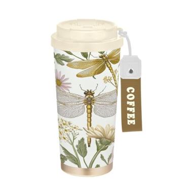 Imagem de SEHANY Caneca de viagem borboleta e flores de 482 ml Copos de café reutilizáveis revestidos de cerâmica com tampa à prova de vazamento, parede dupla, isolamento a vácuo, copo de café de aço inoxidável