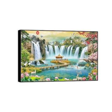 Imagem de Chinoiserie Arte de parede paisagem imagem em tela - cascata flores ponte animais - pintura chinesa - impressões em moldura preta para decoração de casa 80 x 120 cm 31 x 47 pol