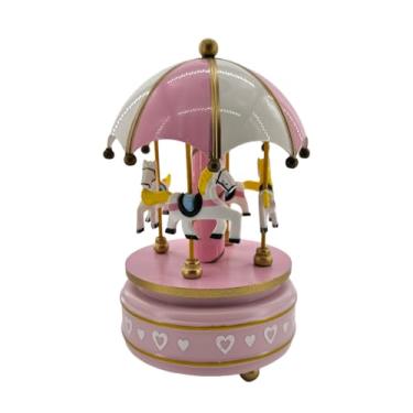 Imagem de Caixa de música Merry-Go-Round Carrossel vintage, caixa musical com mecanismo de 4 cavalos, carrossel de laxúria, caixa de música para presente de Natal, casamento, aniversário (rosa)