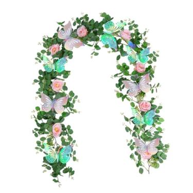 Imagem de IEUDNS Decoração de guirlanda de flores artificiais, videiras de eucalipto artificiais, primavera de 180 cm com borboleta para decoração de sala de cerimônia, Style E