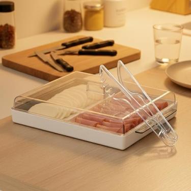 Imagem de Caixa de armazenamento de frios de camada dupla com tampa resistente, divisórias internas, esteticamente agradável e prática, ideal para presunto e queijo(PORTA FRIOS BRANCO + PEGADOR)