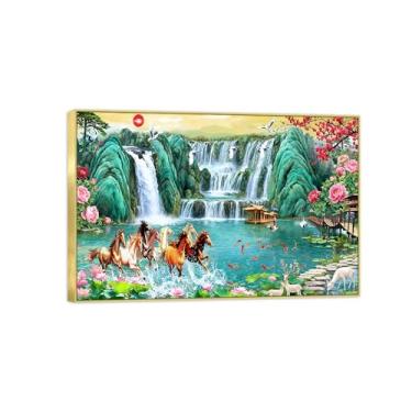 Imagem de Chinoiserie Arte de parede paisagem imagem em tela - montanha cachoeira flores cavalo - pintura chinesa - impressões de moldura dourada para decoração de casa 60 x 90 cm 24 x 35 pol