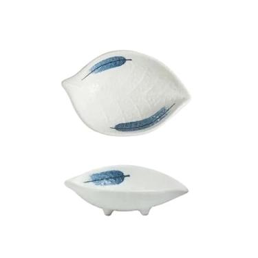 Imagem de prato de lanche Prato pequeno de cerâmica em formato folha, prato plano para molho soja, pratos para tempero mostarda e manteiga tigela de sopa(Blue)