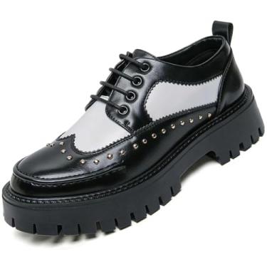 Imagem de Sapato Oxford masculino de couro plataforma rebites bico redondo cadarço sola antiderrapante sapatos sociais brogue trabalho casual Derby sapatos, Preto, 39