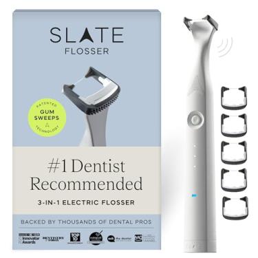 Imagem de Slate Flosser elétrico – Conjunto para iniciantes | Inventado por dentista 3 em 1 com cabeças de fio dental reutilizáveis, escovas de gengiva e raspador de língua | Mais eficaz do que fio dental ou
