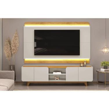 Imagem de Rack Bancada C/ Painel P/ Tv Até 75 Pol Nadine 4 Portas 220x605cm Off White/freijó - Dj Móveis