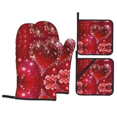 Imagem de Conjunto de luvas de cozinha com estampa de coração romântico com suportes de tampa, luvas de forno resistentes ao calor para manusear panelas quentes, grelhar, churrascos, kit de 4 peças.
