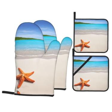Imagem de Conjunto de luvas de cozinha estampadas para praia com suportes de tampa, luvas de forno resistentes ao calor para manusear panelas quentes, grelhar, churrascos, kit de 4 peças.