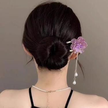 Imagem de 1 grampo de cabelo feminino elegante em forma de U, disco em forma de U com borla de flor de peônia, adequado para uso diário (roxo)