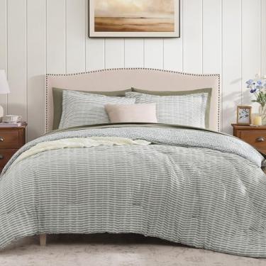 Imagem de BLOOMHAVEN Conjunto de edredom King com 7 peças de musselina de gaze verde para todas as estações, leve e respirável em uma bolsa, edredom de fazenda, lençóis, fronhas e fronhas