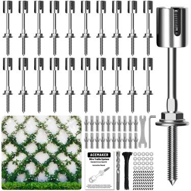 Imagem de Acemaker Treliça de Arame para Plantas Trepadeiras Ao Ar Livre, 20 Conjuntos de Kit de Treliça de Arame de Parede, Kit de Treliça de Parede de Aço Inoxidável T316, Sistema de Treliça de Cabo Espalier(