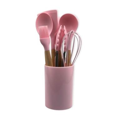 Imagem de Conjunto de Utensílios de Silicone com Cabo de Madeira, 8 Peças, Rosa, Inclui Concha, Colher, Espátulas, Pegador, Fuê, Pincel e Copo Suporte