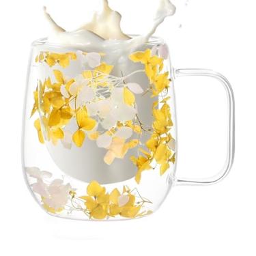 Imagem de Canecas de café de vidro, canecas de vidro com isolamento - Copos de isolamento térmico de flores secas - Copos de café isolados em camadas duplas, canecas de chá de transparente com alça 200ml
