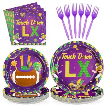 Imagem de 96 peças de artigos de festa de carnaval de carnaval descartáveis, pratos de baile de máscaras de futebol e guardanapos, conjunto de utensílios de mesa para dia de jogos, carnaval, baile de máscaras