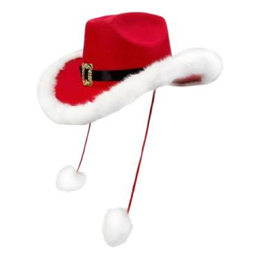 Imagem de Chapéu de cowboy de Natal | Design de pompons | Chapéu de vermelha com acabamento de pelúcia , para meninas, fantasias de festas de fim de ano
