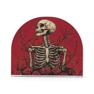 Imagem de Qilmy Porta-guardanapos de caveira e rosa vermelha para mesas – Porta-guardanapos para cozinha, porta-guardanapos de mesa, porta-guardanapos de coquetel, porta-guardanapos de papel228