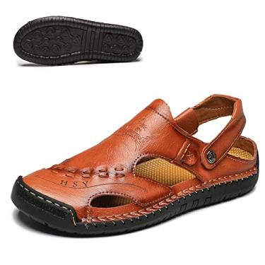 Imagem de MIXSNOW sandálias masculinas de couro para o verão, casuais, sapatos aquáticos para caminhada, praia, viagem, chinelos, Red/Brown, 11.5