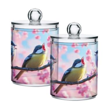 Imagem de STAYTOP 4 peças de pássaros coloridos sentados na árvore dispensador Qtip boticário frascos de banheiro com etiquetas - recipiente de armazenamento Qtip recipiente de plástico transparente acrílico