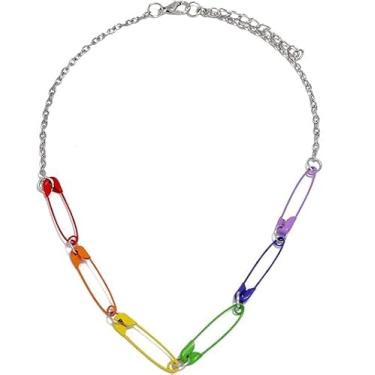 Imagem de KaFu Colar punk colorido arco-íris com alfinete de segurança feminino exclusivo minimalista clipe de papel, joia de festa hip hop, Small, Metal, Sem Pedra Preciosa