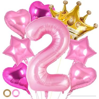 Imagem de Balões de aniversário de princesa, conjunto de balões rosa com coroa número 2 de 101 cm, coroa de estrela de coração, balões de alumínio para meninas, suprimentos de decoração de festa de 2º