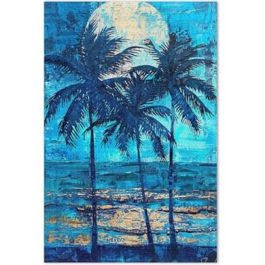 Imagem de Quebra-cabeça azul com pintura de praia, palmeiras para adultos, 500 peças, paisagem floral, para adultos, presentes engraçados de elefante branco