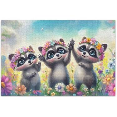 Imagem de Quebra-cabeça personalizado com flores de guaxinins fofos, 500 peças para adultos, animal, arte colorida, divertido, brinquedo adulto, engraçado, 51 x 35 cm