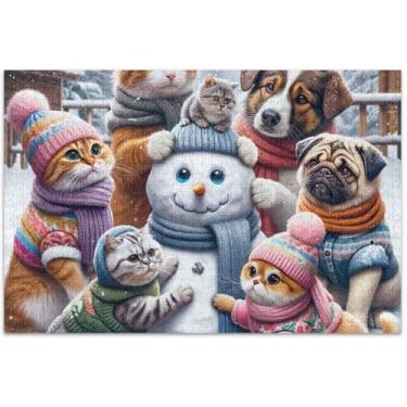 Imagem de Quebra-cabeça de gatos boneco de neve gatinho fofo 1000 peças decoração de arte animal adulto paisagem personalizada jogo de quebra-cabeça presentes técnicos, 75 x 40 centímetros