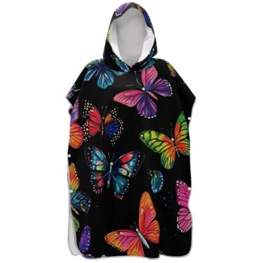 Imagem de Joisal Roupão de mudança de tamanho grande para adultos, poncho de surfe, toalha de banho com capuz, borboletas, coloridas, preto, poncho masculino com capuz