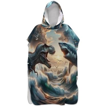 Imagem de Joisal Poncho de surfe para adultos trocador de roupão de praia com capuz toalha de natação vestível ponchos femininos com capuz dinossauro tubarão estampa animal