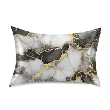 Imagem de Fronha de almofada padrão King Queen em ouro preto e branco com estampa de cetim para cama refrescante, cuidados com o cabelo, tamanho king size 101,6 cm x 50,8 cm
