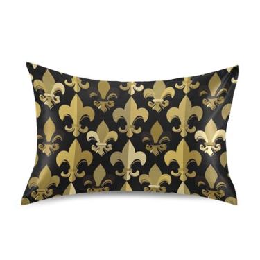 Imagem de Travesseiros de cetim Cool King Queen Standard Slips Cooling Bed Pillow Decoration Standard Size 66.0 cm x 50.8 cm Gold Fleur De Lis Black