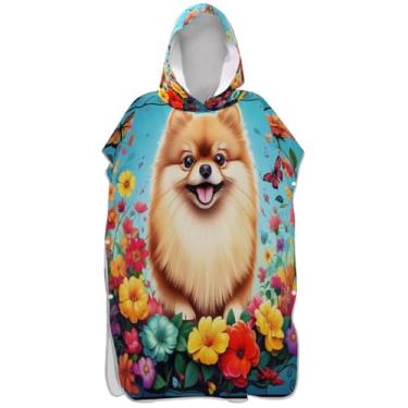 Imagem de Joisal Roupão de mudança para adultos, poncho de surfe, toalhas de banho com capuz, reutilizáveis, masculinas, mulheres, poncho com capuz, lindo cão da Pomerânia, flores coloridas