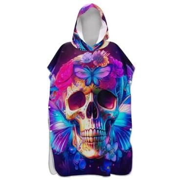 Imagem de TSENQUE Roupão para adultos, poncho de surfe, toalha de banho com capuz, leve, ponchos de praia para homens, crânios misteriosos coloridos roxos