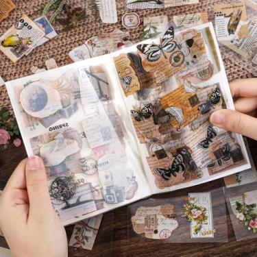 Imagem de 120 peças de adesivos de diário de lixo para scrapbook vintage estética scrapbook kit de suprimentos retrô flor borboleta natureza poema carimbo kit de diário estético para artesanato faça você mesmo
