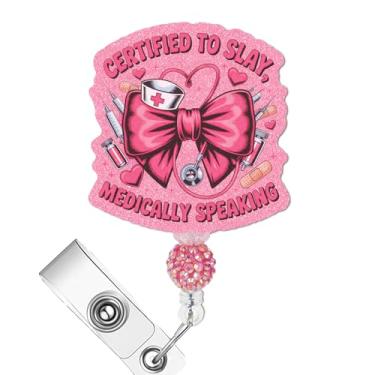 Imagem de Porta-crachá de laço rosa para enfermeiras, certificado para matar medicamente falando, carretel retrátil para mulheres, lindo emblema acrílico com glitter com clipe jacaré, acessório de trabalho para