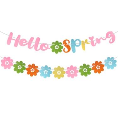 Imagem de Hello Spring Banner, faixa de flores de primavera pré-amarrada, faixa colorida de guirlanda com glitter, decorações para pendurar para celebração de Páscoa de boas-vindas, artigos de festa
